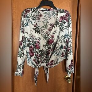One Clothing Floral Tie-Front V-Neck Blouse - White with Burgundy & Green M